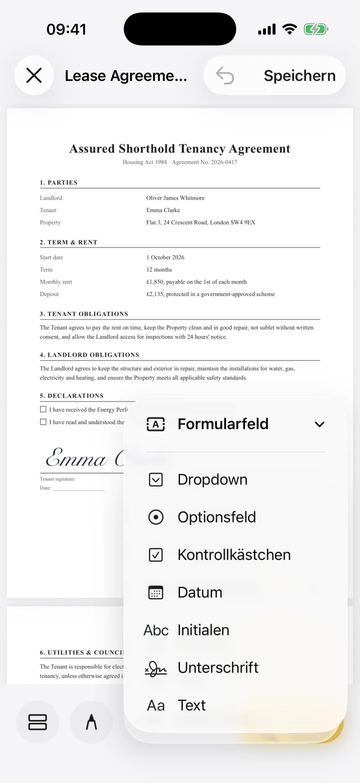 Das Menü für Formularfelder