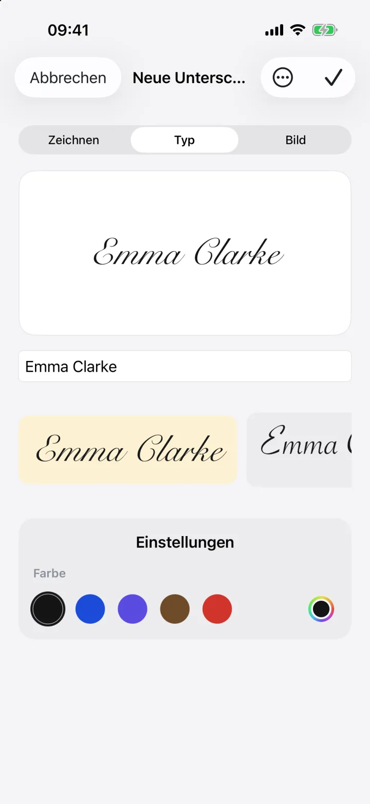 Eine getippte Unterschrift in Handschrift