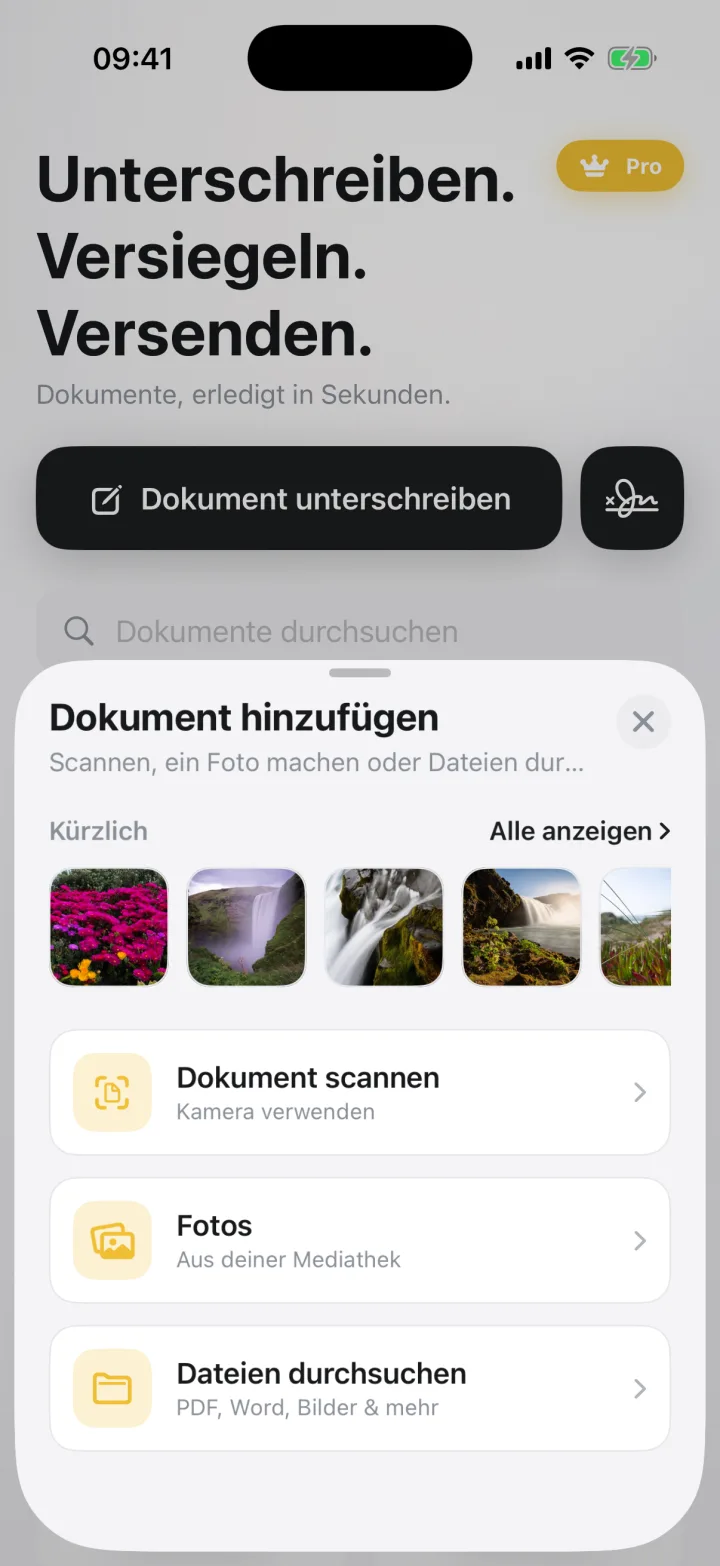 Dokument hinzufügen: Scannen, Fotos, Dateien