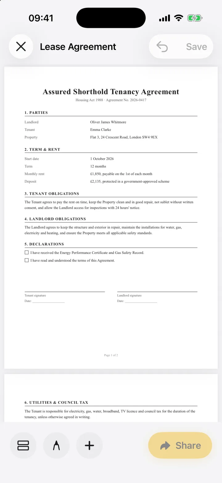 The emailed lease agreement open in eSign