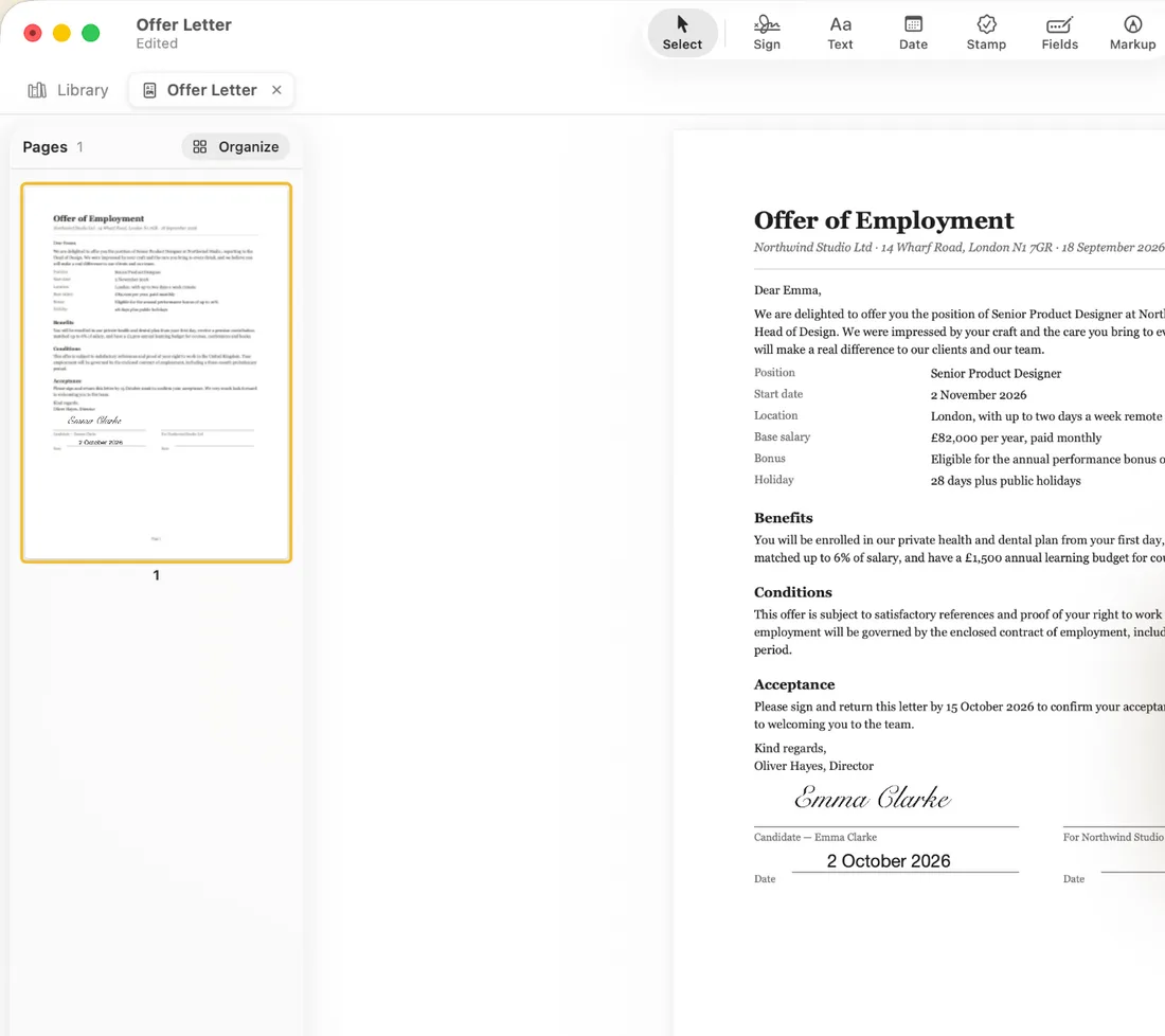 An offer letter signed and dated in the eSign Mac app, with the Sign, Text, Date, Stamp, Fields and Markup tools