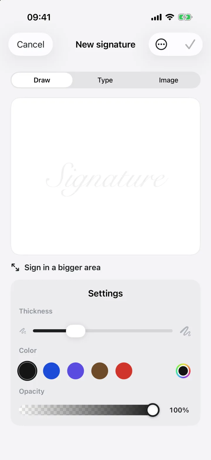 The signature drawing pad with thickness and colour settings