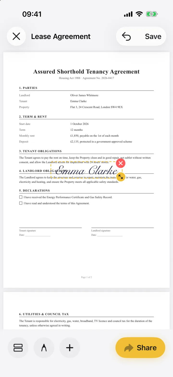 A newly placed signature on a lease, with the delete and resize handles