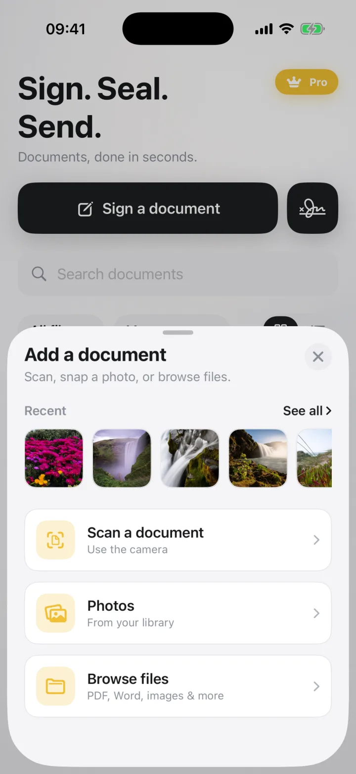 The Add a document sheet with Scan a document, Photos and Browse files